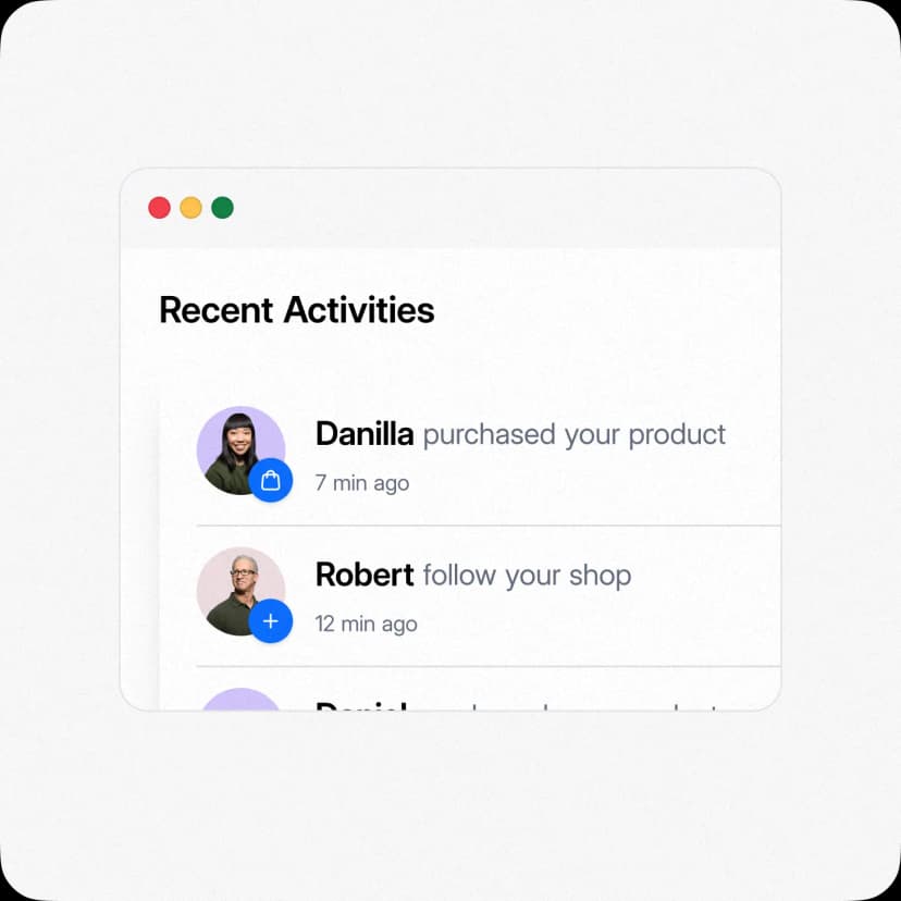 Customer relationship management dashboard showing recent activities feed with user purchases, follows, and interactions